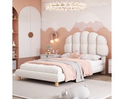 Gestoffeerd bed-Eenpersoonsbed-90 x 200 cm-Bed met hoofdbord-Verstelbaar hoofdbord-Wit