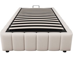 Gestoffeerd bed Eenpersoonsbed 90×200 cm Beige Zonder Matras Met Hydraulische Opbergruimte, Zonder Hoofdbord, Minimalistisch Ontwerp, Comfortabele Duurzame Linnenstof Geschikt voor Moderne Slaapkamers en Diverse Interieurs 201 × 91 × 32 cm