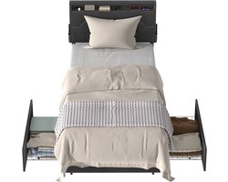 Gestoffeerd Bed - Eenpersoonsbed 90x200 cm met 2 Lades - Metalen bedframe - Modern jeugdbed met fluweelstof - Voor slaapkamer en gastenkamer - Stevige constructie - Donkergrijs - NAIZY