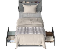 Gestoffeerd Bed - Eenpersoonsbed 90x200 cm met 2 Lades - Metalen bedframe - Modern jeugdbed met fluweelstof - Voor slaapkamer en gastenkamer - Stevige constructie - Lichtgrijs - NAIZY