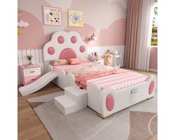 Gestoffeerd bed - eenpersoonsbed - hoofdeinde in de vorm van een cartoon kattenpoot - met kinderglijbaan en tweetraps ladder - 90x200 cm - zonder matras