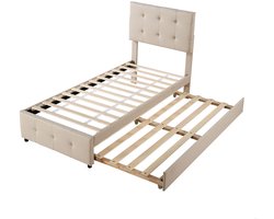 Gestoffeerd bed Eenpersoonsbed Kinderbed 90x200cm Zonder matras Met uittrekbaar bed Knopversiering Huidvriendelijk zacht linnen stof Beige