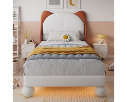 Gestoffeerd bed - Eenpersoonsbed - Kinderbed - Cat-ear hoofdeinde - LED-strip onder bed in instelbare kleur - beige geelbruin - 90x200 cm - zonder matras