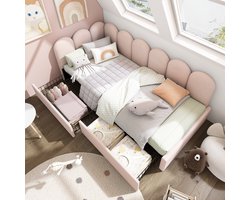 Gestoffeerd bed Eenpersoonsbed met lades Opbergbed Fluweel Dagbed Slaapbank 90x200cm met lattenbodem Jeugdbed en volwassenen Kinderbed - Roze (zonder matras)