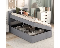 Gestoffeerd bed, eenpersoonsbed met lattenbodem van metalen frame, grote opbergruimte, grijs, 200x90cm.
