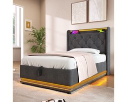 Gestoffeerd bed - eenpersoonsbed met LED-verlichting - afstandsbediening - 90x200 cm met opbergruimte met USB Type-C opladen - grijs - zonder matras