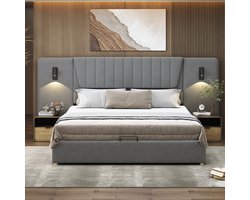 Gestoffeerd bed - Fluwelen tweepersoonsbed - Leeslamp en USB - Hydraulische opbergruimte - 300kg draagvermogen - Slaapkamer - 180x200 cm - Grijs