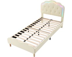 Gestoffeerd bed, golvend hoofdeinde met trekstang, voorzien van een meerkleurige LED-lichtstrip, kinderbed, lattenbodem, eenpersoonsbed, PU-materiaal, beige, 90x200 cm