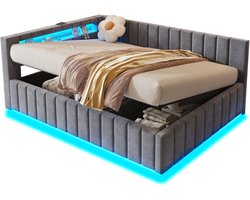 Gestoffeerd bed - Grijs fluwelen bed - Met hydraulische opbergruimte - LED verlichting en USB - Voor logeerkamer - 140x200 cm - Grijs