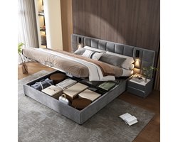 Gestoffeerd bed, hydraulisch opbergbed met richtbare lamp en USB-oplading, breed en met schuim gevuld hoofdeinde, dambordpatroon, gemaakt van stalen frame, zonder nachtkastje, fluweel, 160*200cm, grijs