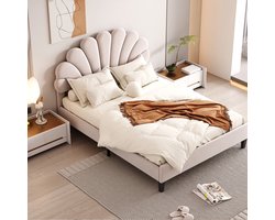 Gestoffeerd bed - kinderbed 140 x 200 cm met gebloemd hoofdeinde en lattenbodem - meisjesbed - beige - zonder matras