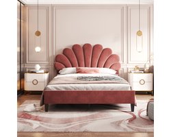 Gestoffeerd bed - kinderbed 140 x 200 cm met gebloemd hoofdeinde en lattenbodem - meisjesbed - boonpasta rood - zonder matras