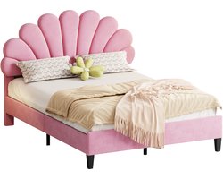 Gestoffeerd bed - kinderbed 140 x 200 cm met gebloemd hoofdeinde en lattenbodem - meisjesbed - roze - zonder matras