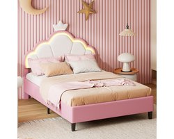 Gestoffeerd bed kinderbed 140x200 cm met LED, eenpersoonsbed voor meisjes, tienerbed met in hoogte verstelbaar hoofdeinde en lattenbodem, prinsessenbed in roze fluweel (zonder matras)