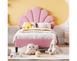 Gestoffeerd bed - kinderbed 90 x 200 cm met gebloemd hoofdeinde en lattenbodem - meisjesbed - roze - zonder matras
