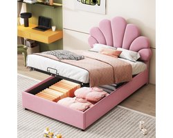 Gestoffeerd bed - kinderbed 90 x 200 cm met in hoogte verstelbaar bloemvormig hoofdeinde met opbergruimte - roze - zonder matras