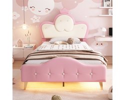 Gestoffeerd bed kinderbed 90x200 cm - Meisjes princess bed eenpersoonsbed - Hoofdbord met kroon - metalen bedpoten - zachte beschermende randen - monochrome LED-strip - golfvorm met trekpunt aan het hoofdeinde van het bed - PU - Roze - Zonder matras