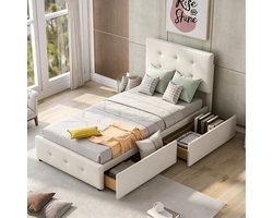 Gestoffeerd bed Kinderbed 90x200 cm met 2 Lades, Jongerenbed met Verstelbaar Hoofdeinde en Lattenbodem, Eenpersoonsbed in klassieke stijl, Beige Fluweel (Zonder Matras)