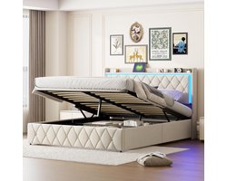 Gestoffeerd Bed - Kistbed Boxspring - Opbergen en Laden - Geïntegreerde LED en USB - 160x200 cm - Beige