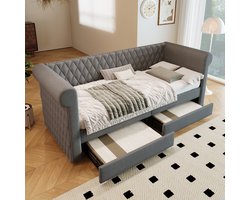 Gestoffeerd bed, kleine slaapbank, 90 x 200 cm, slaapbank met 2 laden en lattenbodem, opbergbed met rugleuning, linnen, sofa, grijs, zonder matras
