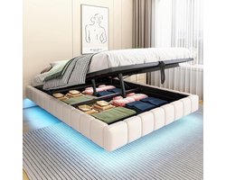 Gestoffeerd Bed - Lage Boxspring - Ruimte Besparen - Met Opbergruimte - 140 x 200 cm - Beige