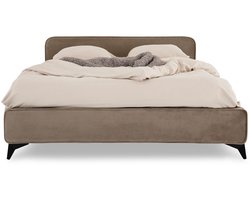 Gestoffeerd bed LAVORO eenpersoonsbed 140x200, grijs - bed met lattenbodem en bekleding van fluweelstof, bedframe met gestoffeerd hoofdeinde, modern design, stevig houten frame & metalen poten