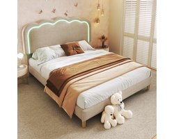 Gestoffeerd bed LED eenpersoonsbed 140 x 200cm, bedombouw met lattenbodem en verstelbaar hoofdeinde, bedombouw jeugdbed voor slaapkamer logeerkamer fluweel, beige