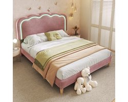 Gestoffeerd bed LED eenpersoonsbed 140 x 200cm, bedombouw met lattenbodem en verstelbaar hoofdeinde, bedombouw jeugdbed voor slaapkamer logeerkamer fluweel, roze