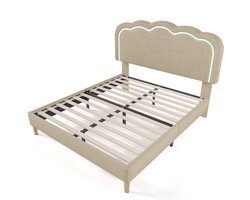 Gestoffeerd Bed LED tweepersoonsbed 140 x 200 cm, Bedframe met Lattenbodem en Verstelbaar Hoofdeinde, Beige, Bedframe, Fluweel
