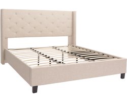 Gestoffeerd bed MCW-N59, bed tweepersoons lattenbodem, massief hout stof/textiel 180x200cm ~ crème-beige