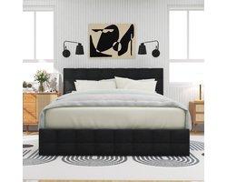 Gestoffeerd bed met 4 lades - tweepersoonsbed met lattenbodem - opbergruimte bed - in hoogte verstelbaar hoofdeinde & vierkant stikselontwerp - metalen lattenbodem - linnen materiaal (140*200 cm - zwart)