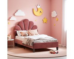 Gestoffeerd bed met bloemvormig hoofdbord en lattenbodem - 90x200 cm, Kinder eenpersoonsbed in Velet stof voor kinderen, zonder matras, Wijnrood