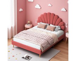 Gestoffeerd bed met bloemvormig hoofdeinde en lattenbodem, tweepersoonsbed van 140x200 cm in fluwelen stof, rood, exclusief matras