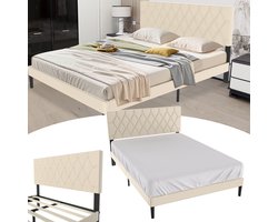 Gestoffeerd bed met hoofdeinde van leer, bedframe met lattenbodem, bedframe met houten lattensteun, eenvoudige montage met installatiegereedschap, tot 300 kg, beige, 90 x 200 cm
