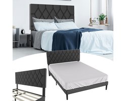 Gestoffeerd bed met hoofdeinde van leer, bedframe met lattenbodem, bedframe met houten lattensteun, eenvoudige montage met installatiegereedschap, tot 300 kg, zwart, 140 x 200 cm