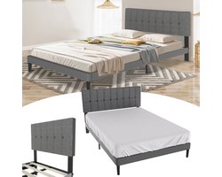 Gestoffeerd bed met hoofdeinde van leer, bedframe met lattenbodem, bedframe met houten lattensteun, met installatiegereedschap, tot 300 kg, linnen stof, donkergrijs, 90 x 200 cm