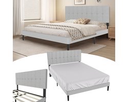 Gestoffeerd bed met hoofdeinde van leer, bedframe met lattenbodem, houten lattensteun, met installatiegereedschap, tot 300 kg, linnen stof, lichtgrijs, 160 x 200 cm