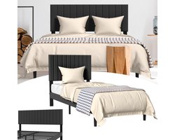 Gestoffeerd bed met hoofdeinde van leer, bedframe met lattenbodem, houten lattensteun, met installatiegereedschap, tot 300 kg, pluche stof, beige geel, 90 x 200 cm