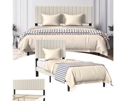 Gestoffeerd bed met hoofdeinde van leer, bedframe met lattenbodem, houten lattensteun, met installatiegereedschap, tot 300 kg, pluche stof, beige geel, 140 x 200 cm