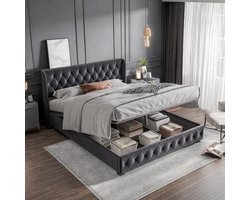 Gestoffeerd bed met lattenbodem en hoofdeinde, 160 x 200 cm, boxspringbed met veel opbergruimte, voor volwassenen en tieners, fluweel, donkergrijs, zonder matras (verzending in 2 pakketten)