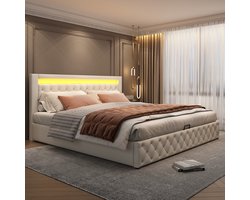 Gestoffeerd Bed met LED-verlichting - 180 x 200 cm - Tweepersoonsbed - Opbergbed met Opbergruimte - Zonder matras - Wit