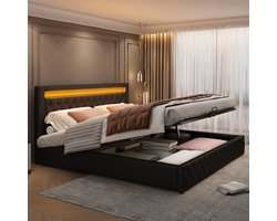 Gestoffeerd Bed met LED-verlichting - 180 x 200 cm - Tweepersoonsbed - Opbergbed met Opbergruimte - Zonder matras - Zwart