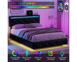 Gestoffeerd bed met LED-verlichting en USB-oplaadpoort 160x200cm Modern bed voor volwassenen en jongeren, verborgen voetbed met verstelbaar, gewatteerd hoofdeinde, zwart PU-leer, zonder matras (splitsen voor 2 pakketten voor verzending)