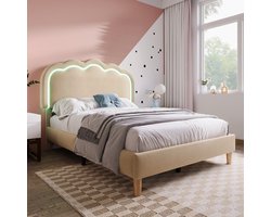 Gestoffeerd bed met LED-verlichting Hoofdbord-eenpersoonsbed met lattenbodem en verstelbaar hoofdeinde - gevoerd bed in beige - linnen materiaal 90 x 200 cm