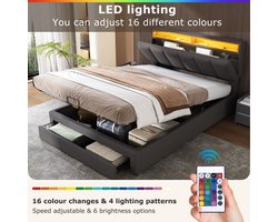 Gestoffeerd bed met LED-verlichting, hydraulisch opbergbed met bedstee, laden en opbergvakken, opbergbaar hoofdeinde van schuim, tweepersoonsbed van stalen frame, linnen, 180*200cm, grijs