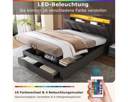 Gestoffeerd bed met LED-verlichting, hydraulisch opbergbed met bedstee, laden en opbergvakken, opbergbaar hoofdeinde van schuim, tweepersoonsbed van stalen frame, linnen, 140*200cm, grijs