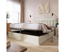 Gestoffeerd bed met LED-verlichtingsstrip - 2-persoonsbed met lattenbodem en opbergruimte - functioneel bed met afstandsbediening - PU lederen hoes - wit 140x200 cm