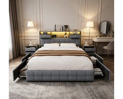 Gestoffeerd bed met ledverlichting, USB- en Type-C-oplaadpoort, modern platformframe van 160x200 cm met hoofdbord met 2 lades en 4 opberglades onder het bed, tweepersoonsbed voor volwassenen en tieners, grijs, flanellen stof, exclusief matras