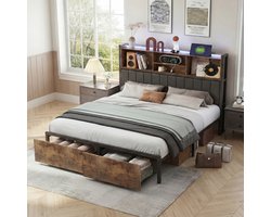 Gestoffeerd bed met ledverlichting, usb-poort en 2 lades, 140x200 cm, opbergbaar hoofdeinde met PU-stof, zwart ijzeren frame