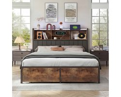 Gestoffeerd bed met ledverlichting, usb-poort en 2 lades, 160x200 cm, opbergbaar hoofdeinde met PU-stof, zwart ijzeren frame